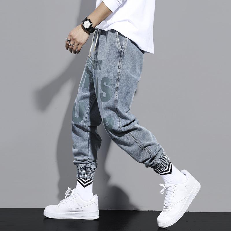 

Denim trousers men' spring autumn 2020 Drawstring casual tie-foot men' trousers elastic waist brand loose tooling Harlan pants, Blue