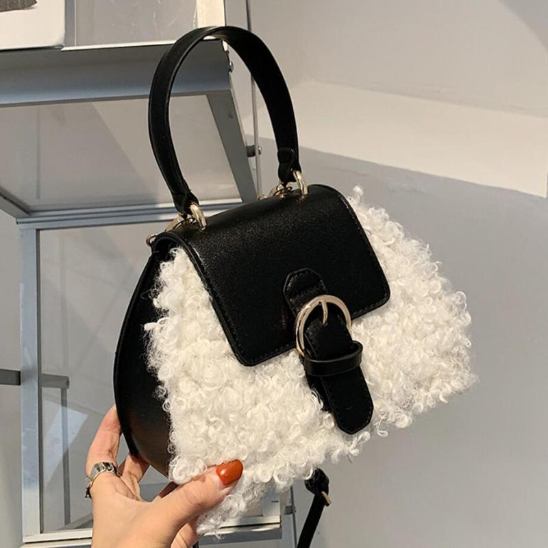 

Fashion Lambswool Women Handbags Designer Patchwork Shoulder Bags Luxury Faux Fur Crossbody Bag Lady Small Purse Female Sac 2021, Black