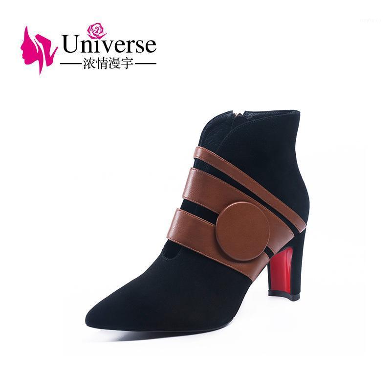 

Universe kid suede+PU ankle boots soft warm pigskin lining pointed toe high heels black ladies winter boots women shoes H1931