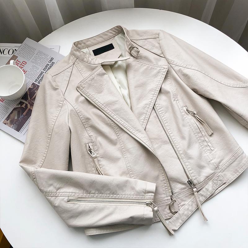 

Pu Leather Jacket Female 2020 Spring New Korean Short Leather Locomotive Jacket Female Long-Sleeved Solid Color L241, White
