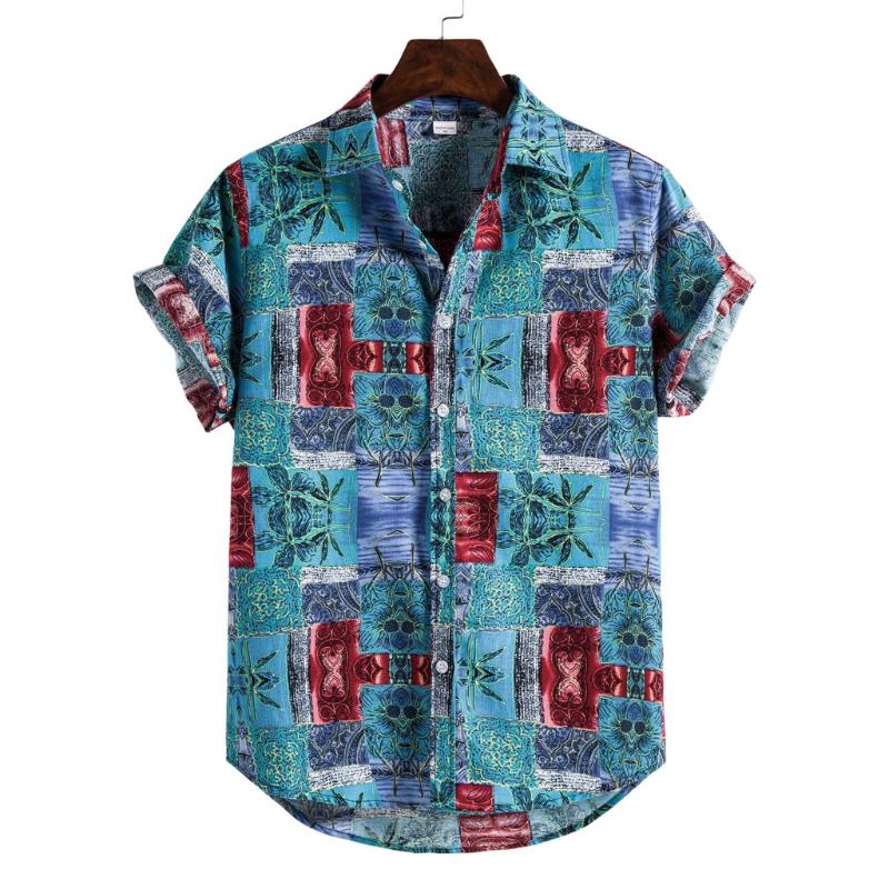 

Cotton Linen Printed Hawaiian Beach Shirt for Men 2020 Casual Summer Short Sleeve Shirts Mens Holiday Vacation Clothing Chemise, Blue