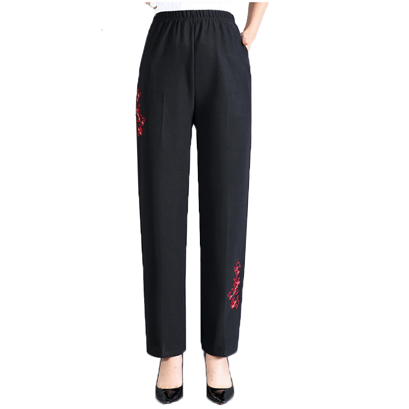 

Middle-aged Elderly Grandmotherr Women's Embroidered Spring Feminine Elastic Waistline Plus Size Long 4xl Pants 849r, Plum blossom.