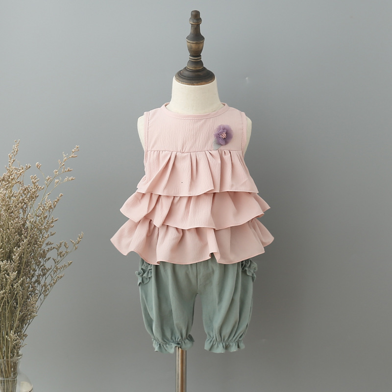 

2021 New Fashion Clothing Set Summer Baby Girls Layered Tops with Toy Flower+lantern Shorts Children Clothes 4 Color Kwhi, Pink