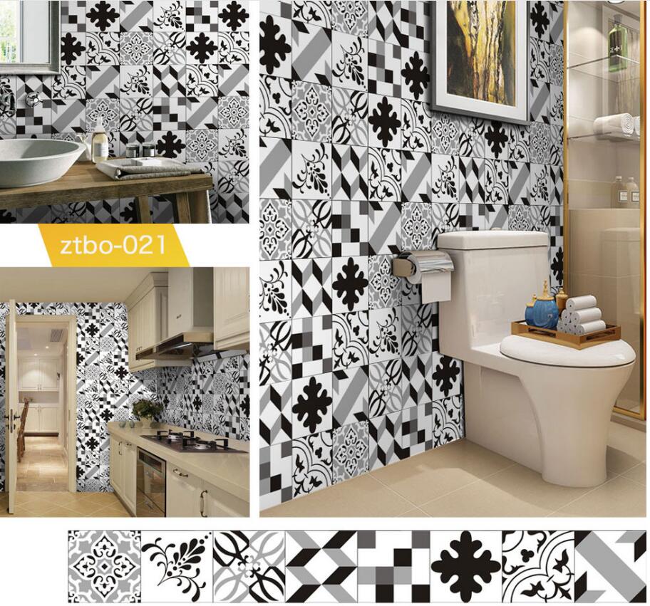 Waterproof Wallpapers Black and white grey minimalist tiles pasted with retro balcony porch self adhesive Sticker kitchen toilet wall paper-image-601503507