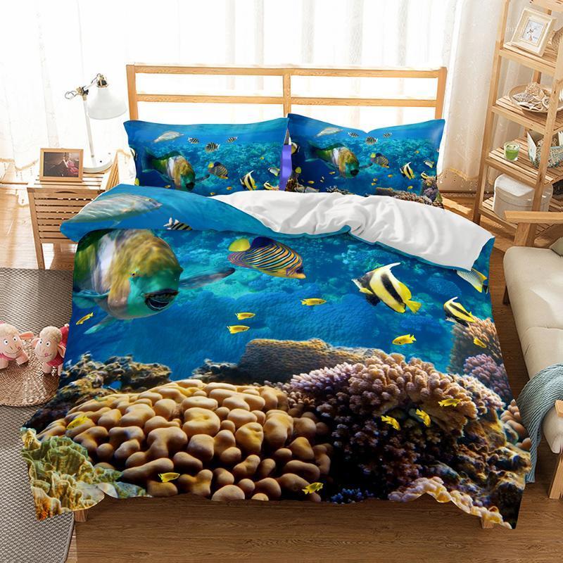 

BEST.WENSD European and American style Quilt set cover with pillowcases kids california king bedding sets Underwater World blue1, As picture