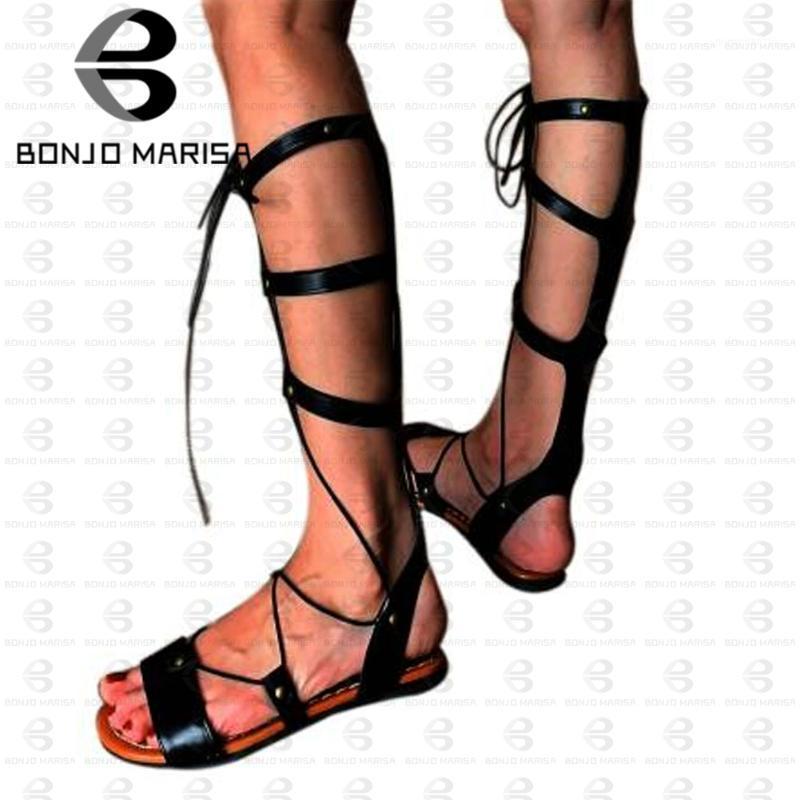 

BONJOMARISA New Rome Concise mid-calf Casual Low Heel Gladiator Sandals Women Summer Low Heel Beach Shoes Woman1, Black