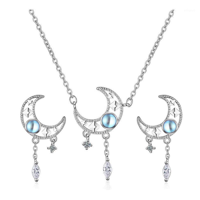 

Earrings & Necklace Sunny You Trendy 925 Sterling Silver Hollow Moon Tassel Moonstone Jewelry Sets For Women Simple Earring Gift Jewelry1, As pic