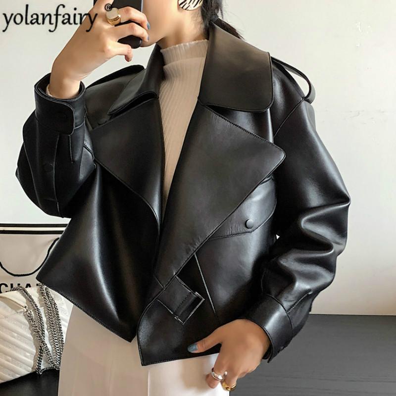 

Leather Jacket Women Cute Spring Autumn Sheepskin Genuine Leather Coat Korean Motocycle Jackets Streetwear Chaqueta Mujer YY538, Pink