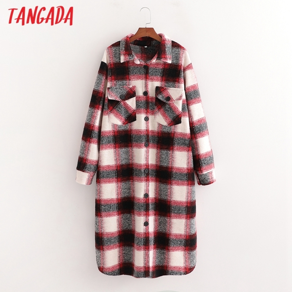 

Tangada Women 2020 Winter Elegant Red Plaid Pattern Woolen Coat Loose Pockets Female Outerwear Chic Overcoat 1D26, Tan;black