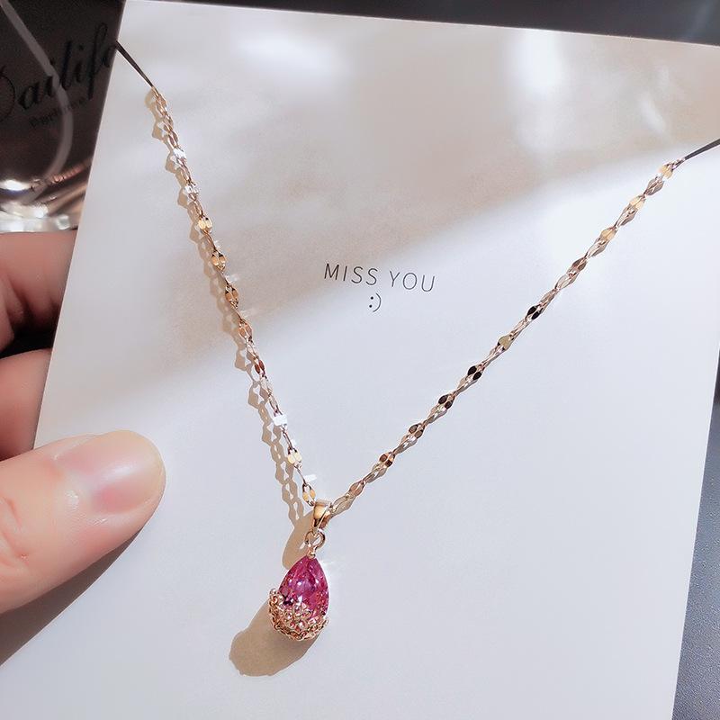 

Chokers Luxury Simple Big Water Drop Pendant Necklace Silver Color Pink Crystal Bohemia Jewelry For Girlfriend Shopping