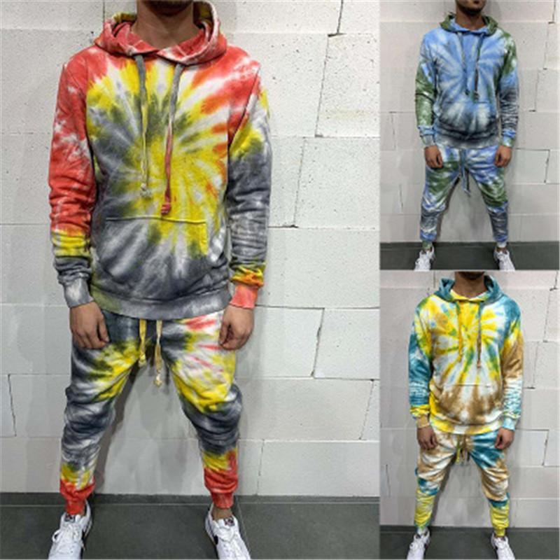 

Man Tie-dye Winter 2Pcs Sets Fashion Trend Long Sleeve Loose Hooded Tops Drawstring Sports Trousers Suits Designer Male Casual Tracksuits