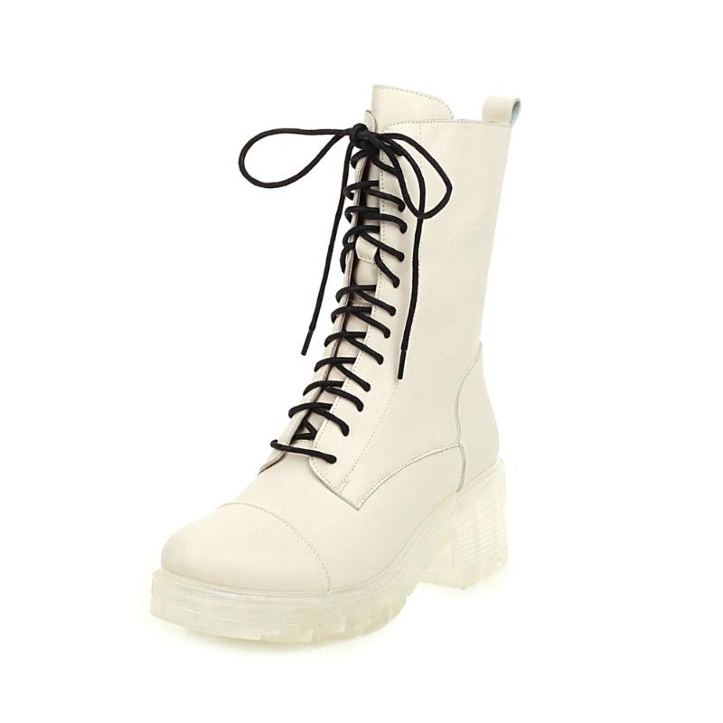 

Autumn And Winter Leather Women Boots Lace-up Fashion Cow Women's Shoes Size 34-43, Beige