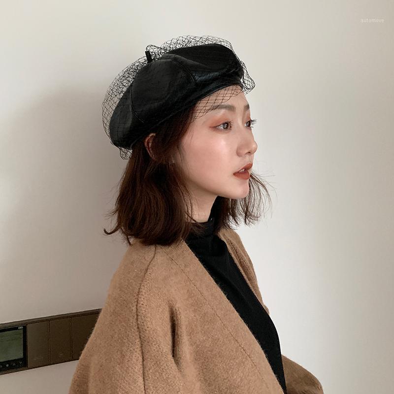 

PU Leather Fascinating Hat Chic French Beret With Veil Mesh For Wedding Party Womens Designer Baret Octagonal Cap1, White