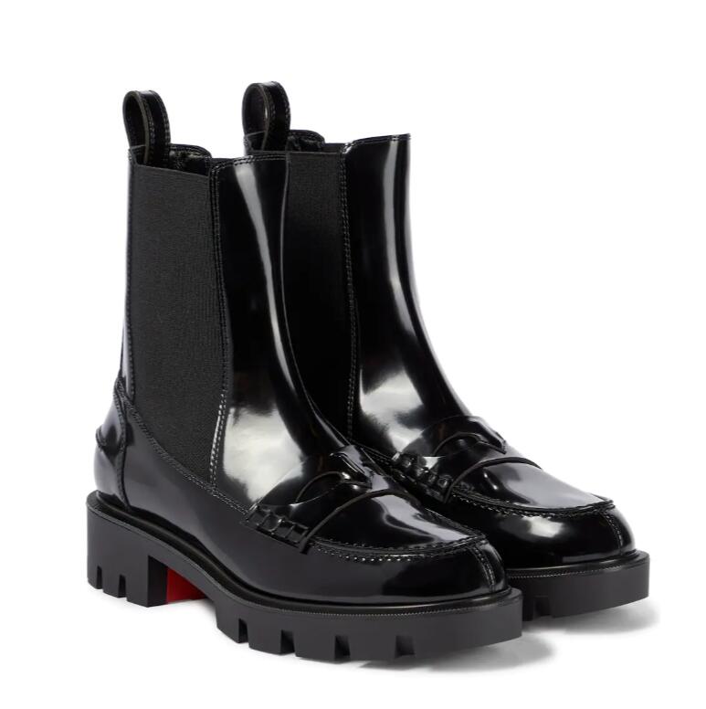 

21S Black patent leather ankle boots Martin boot red bottom short bootie Montezu Lug patent-leather Chelsea booties low heel platform reds s