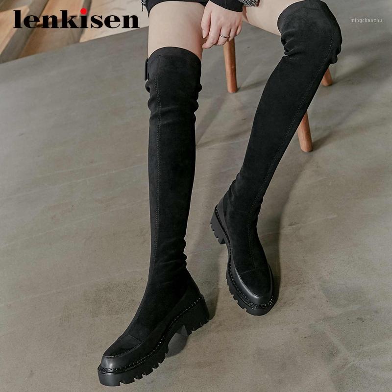 

Lenkisen riding boots natural leather british high street fashion thick med heel round toe zipper mature over the knee boots L051, Black 1
