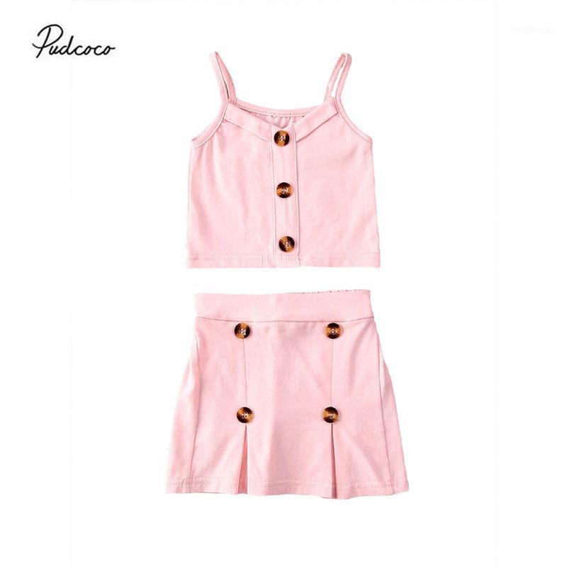 

2020 Fashion 0-3Y Kids Baby Girl Clothes Pink 2pcs Button Solid Color Sleeveless Top Vest+Ruffle Pleated Skirt Toddler Party Set1, As pic