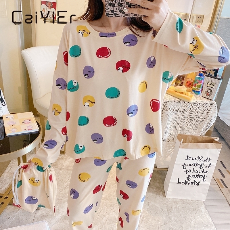 

CAIYIER Autumn Winter Women Pajamas Set Cute Bear Print Casual Sleepwear Ladies Leisure Girls With Receive Bag Night Suit 201114, 8816