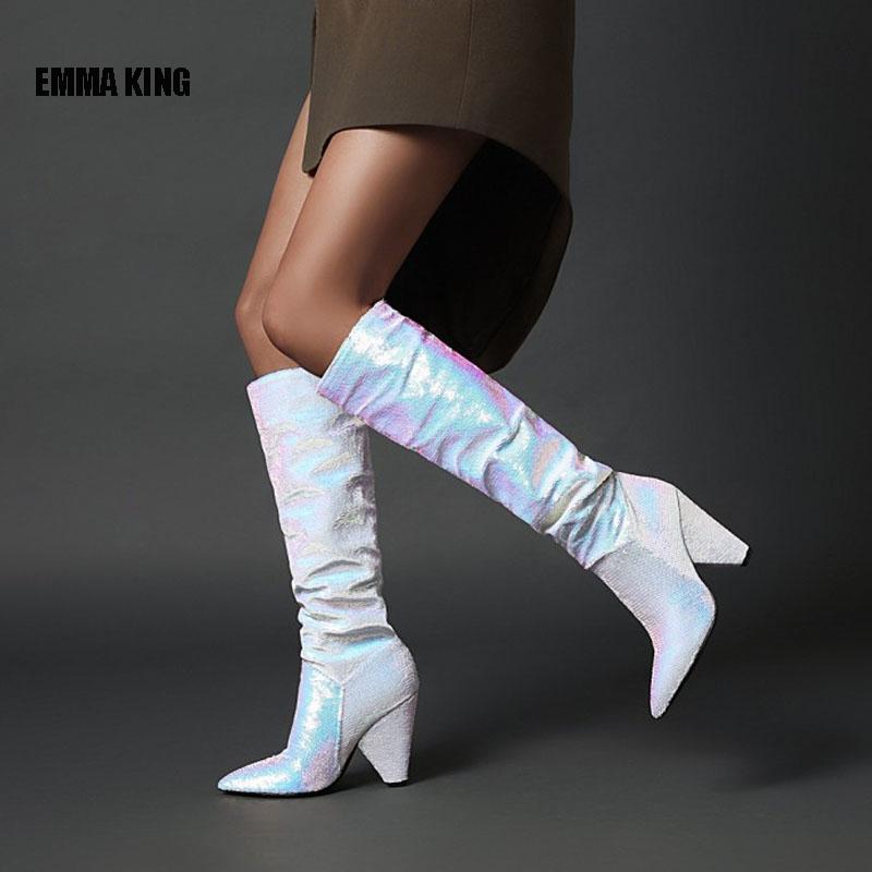 

EMMA KING New Gradient color Knee High Boots Metallic Wonen Spike Heels Long Boots Ladies Fashion Catwalk Winter 2020
