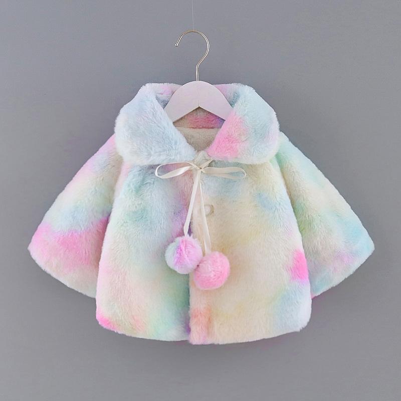 

Jackets 2021 Winter Kids Girls Plush Coat Dangling Balls Lapel Neck Long-Sleeve Casual Tie-dye Printed Warm Outerwear 1-6Y, As pic