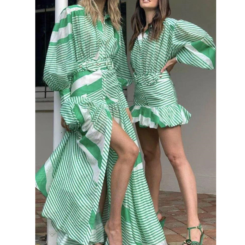 

2021 New Woman Wearing Long Green Striped Stripes Sleeves Dressed Boho Split Dress Feminine Winter Fall 711h