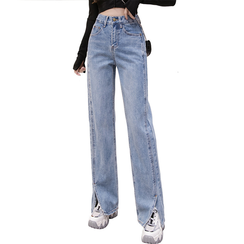 

2021 New waist high cotton hot jeans spring and autumn fashion straight cylinder share casual Korean fork R5U5, Black.