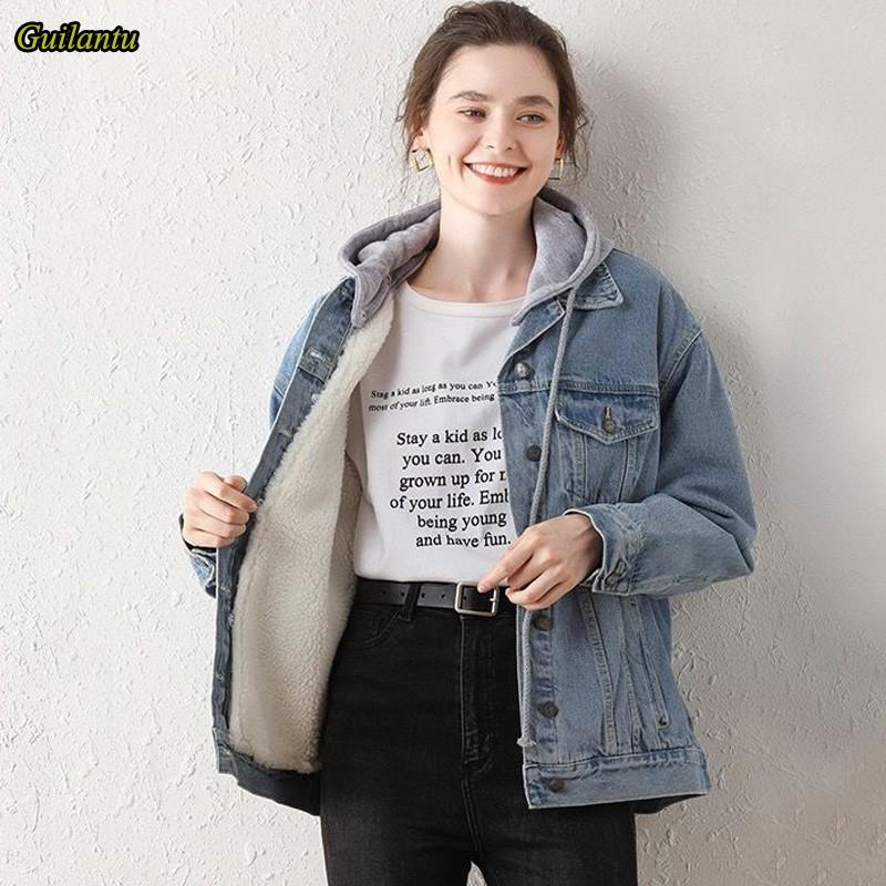 

Guilantu Autumn Winter Cotton Liner Padded Denim Jacket Women Plus Size Loose Jeans Coat Female Hooded Vintage Chaqueta Mujer, Blue