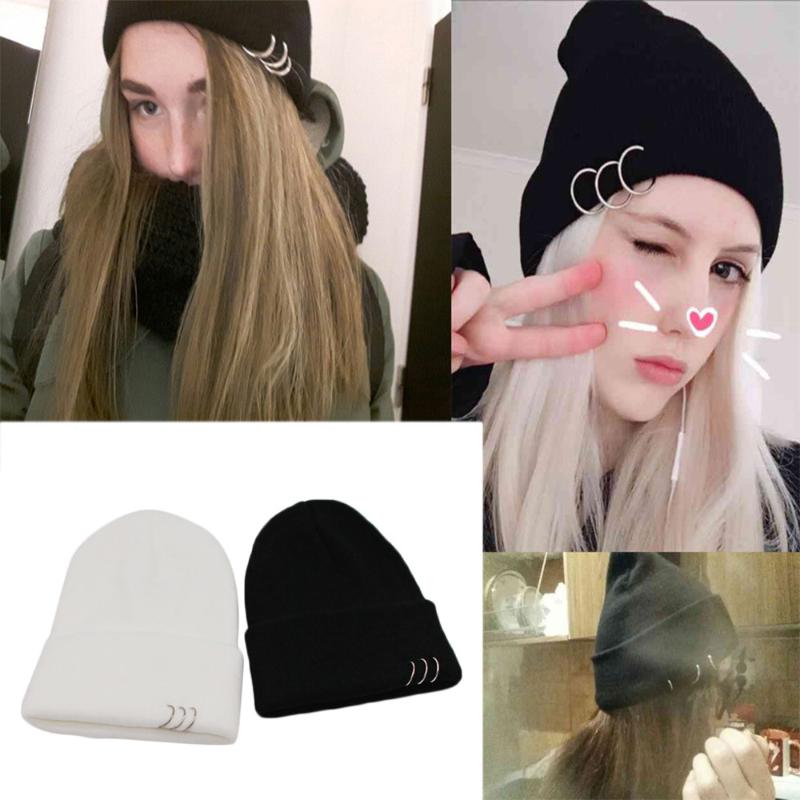 

New Winter Warm Knitted Beanie Cap Women's Solid Wool Knitted Hat Kpop Style Metal Ring Buckled Beanie Elegant All-match Hat, White