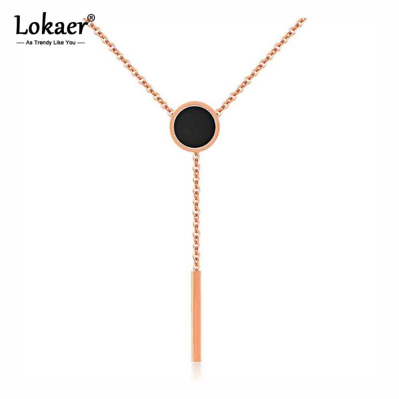 

Lokaer Trendy Rose Gold Color Female Round Black Cake Necklace Titanium Steel Tassel Pendant Neckalce For Christmas Gift N17064