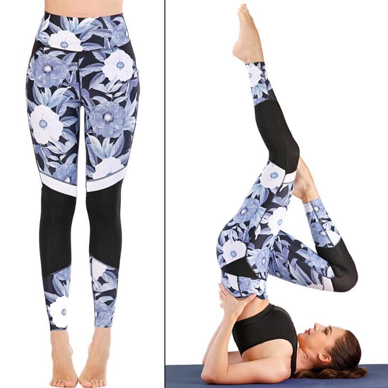

2020 new yoga pants running sports fitness pants women printed leggings tight moisture wicking Quick Drying Training Trousers, Blue