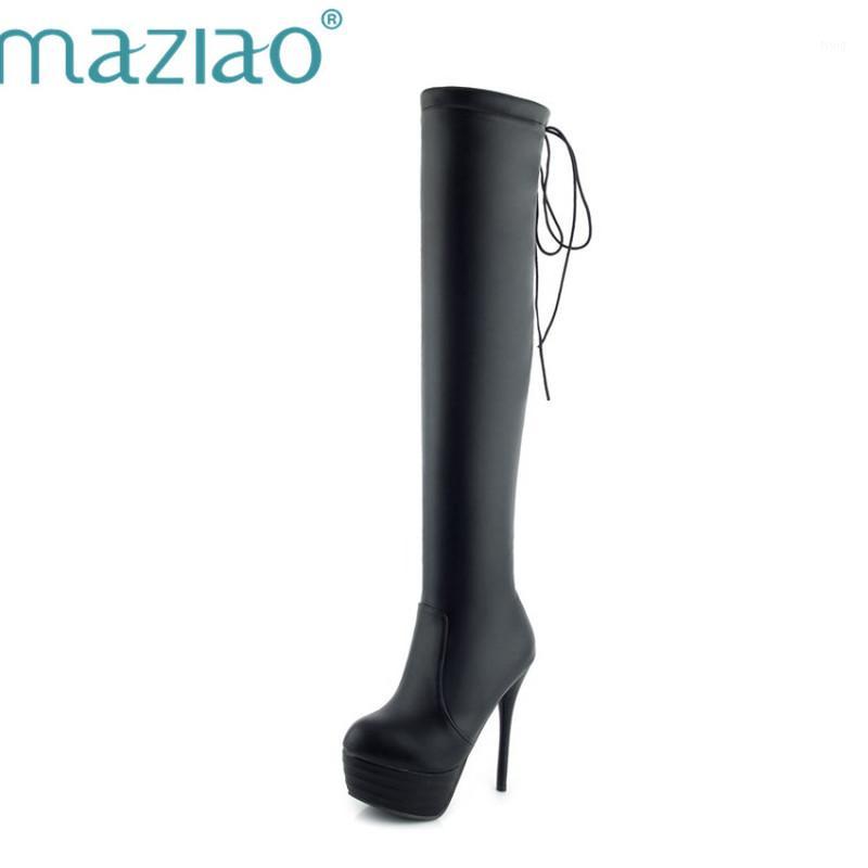 

MAZIAO Plus Size 46 Platform Over The Knee Boots High Heels Round Toe Thigh High Long Boots Sexy Party Ladies Shoes Black White1