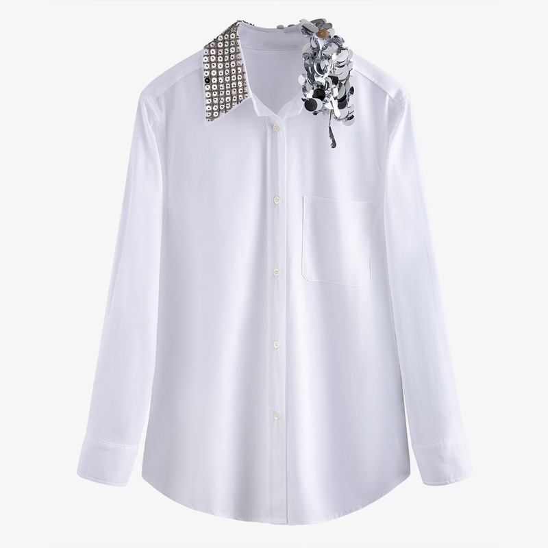 

2020 Splicing New Lapel Heavy Industry Sequins Beads Long Sleeve White Shirt Female Fashion S1130 Rbk7, See chart