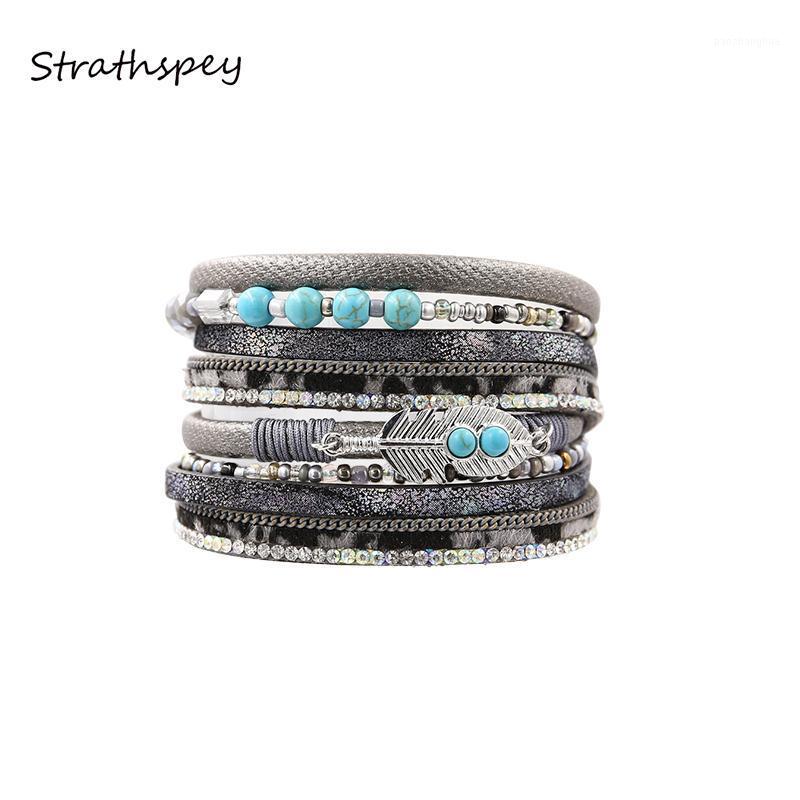

Tennis STRATHSPEY Fashion Alloy Fish Bone Natural Stone Wide Magnetic Rhinestone Leather Bangles Multilayer Bracelet Jewelry Women Grey, Golden;silver