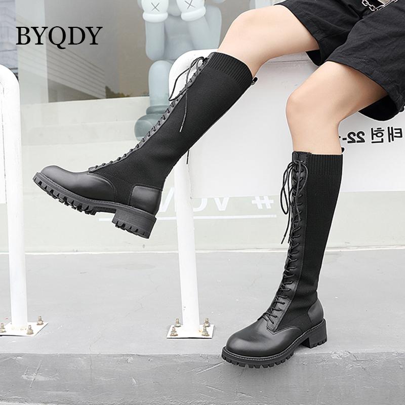 

BYQDY Fashion PU Leather Cross Strap Woman Boots Autumn Winter Knee High Boots Thick Sole Platform Shoes For Business Women, Black boots