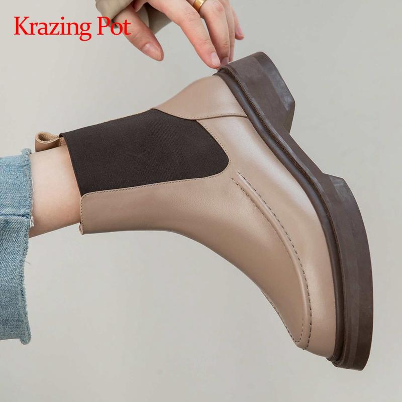 

Krazing pot western boots genuine leather stretch patchwork round toe thick med heel slip on platform leisure ankle boots L91, Black