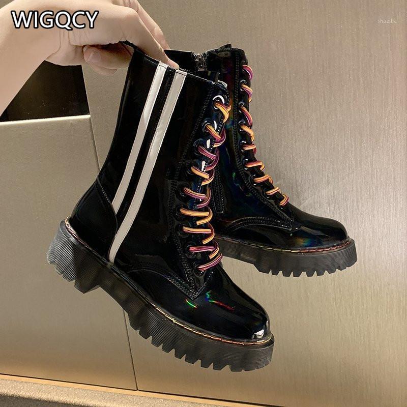 

2020 Winter New Round Toe Fashion Women's Thick-Soled Boots Plus Velvet British Style Lace-Up Boots Women1, Dazzle black