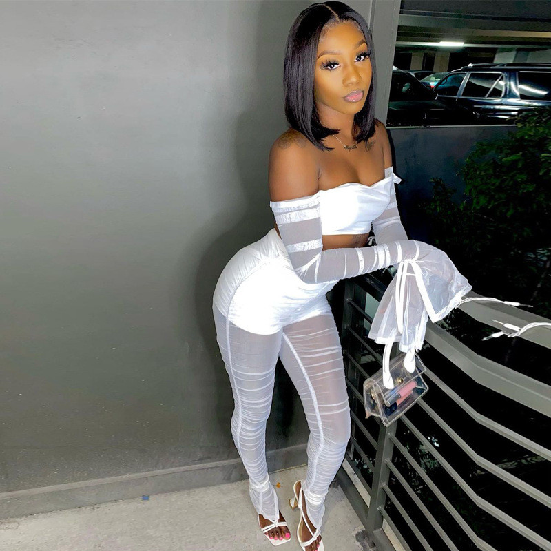 

Backless Ruched Mesh Night Club 2 Piece Sets Off Shoulder Crop Top And Stacked Pants See Through Skinny Co-ord Outfits, White