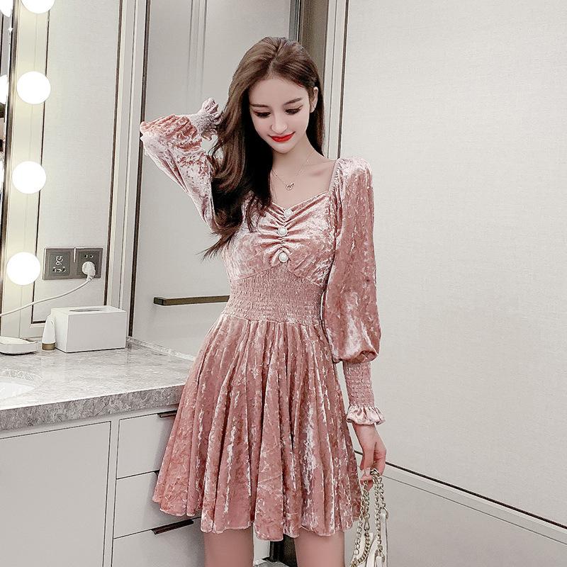 

Pleated French Vintage Dress Sashes O-Neck Vintage Puff Sleeve Sexy Dress Elegtan Fashion Ladies Vestidos Regular, Black