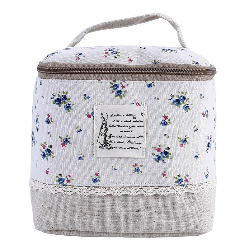 

Women Floral Dot Cosmetic Bag Cotton Linen Makeup Case Travel Organizer Hand-held Bag Zipper Beauty Case Large Capacity1, Blue