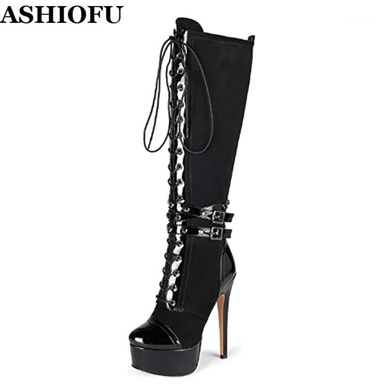 

ASHIOFU New Elegant Handmade Women's High Heels Boots Patchwork Sexy Platform Shoelace Shoes Evening Night-club Fashion Boots1, Black