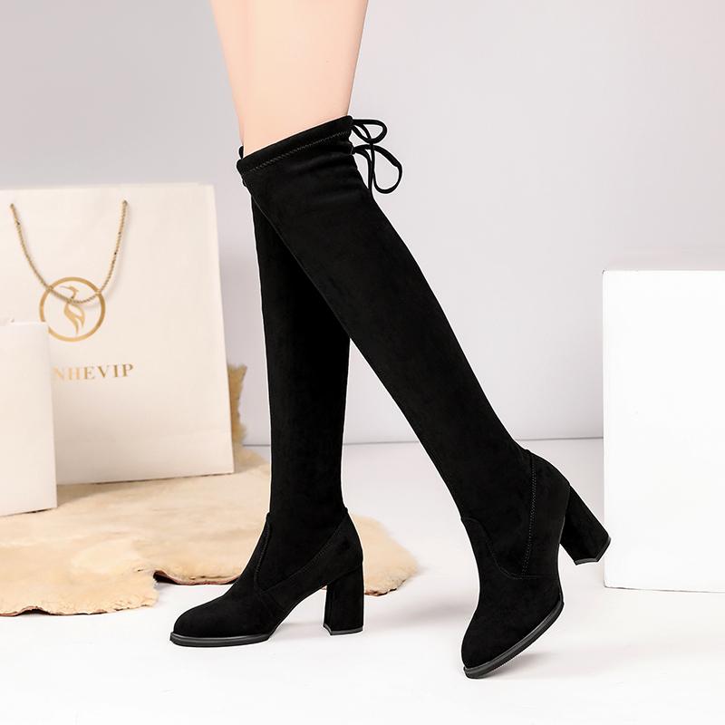 

New Winter Over The Knee Boots Women Pumps Sexy Lace Up Square Heel Loog Boots Round Toe Keep Warm Knight Zapatillas Mujer, 5 cm single