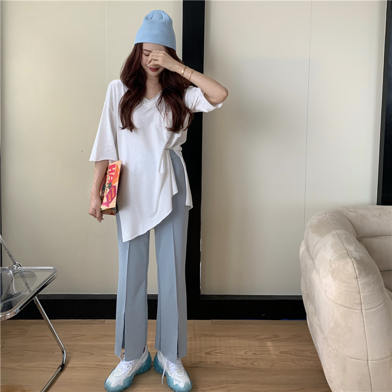 

2021 New summer Korean style short sleeves loose women's t-shirts feminine side spilt tops (r98192) HKL3, White t-shirt