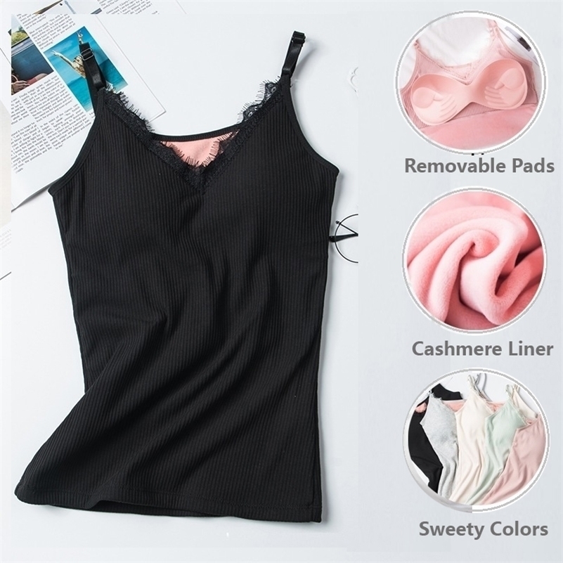 

Women Sexy Cotton Cami Tops With Built In Bra Cashmere Thermal Underwear Lace Basic Shirt Girls Slim Body Shaper Tank Tops 201113, Beige