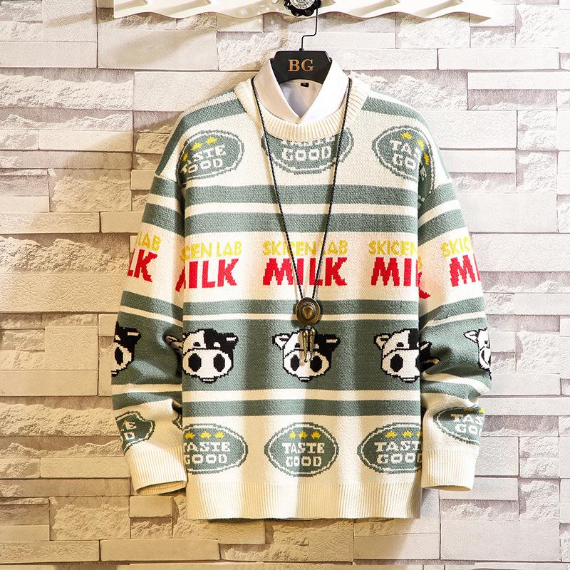 

5XL Men's Large Size Knitting Pullover O-neck Warm Spring Autumn Cow Pattern Srtetchy Creative Fashion Casual Male Sweater, Green
