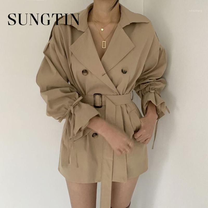 

Sungtin Short Black Trench Coat for Women New Arrival Autumn Trumpet Sleeve All Match Outwear Chic Casual Female Khaki 20201