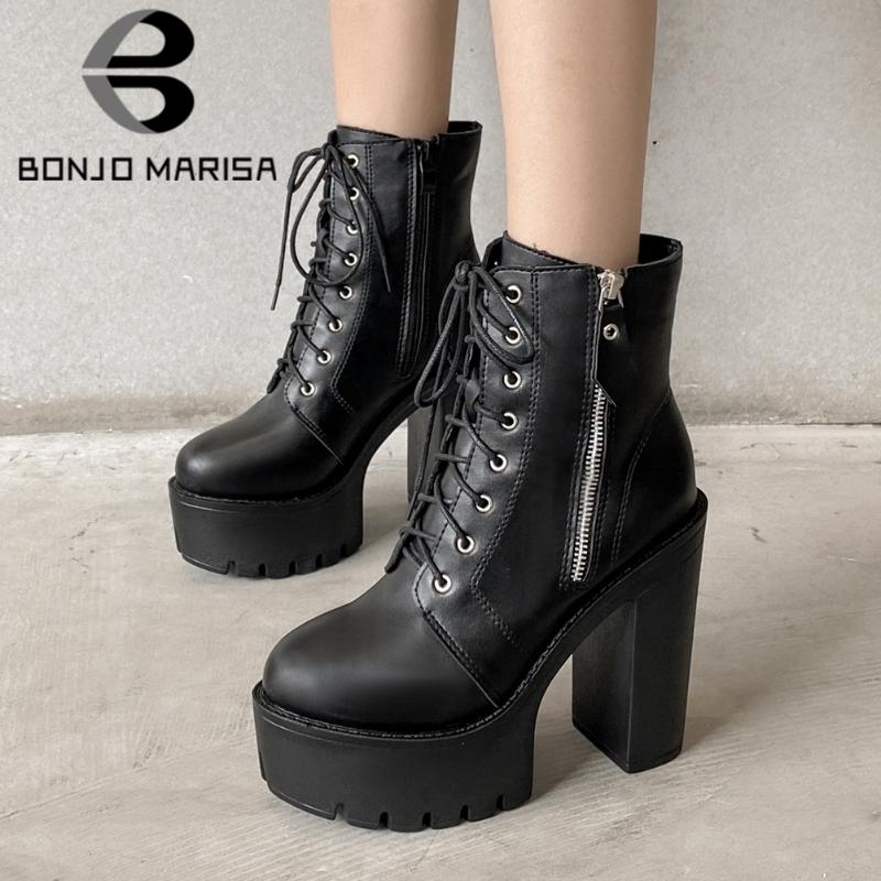 

BONJOMARISA Brand New Female Boots Balck Platform Zipper Lace Up Motorcycle Boots Women Cool Stylish Casual Quality Shoes Woman, Black