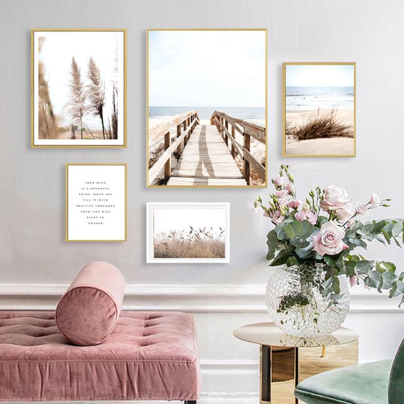 

Home Lake Beach Wall Art Bridge Canvas Painting Reed Nordic Nature Poster and Print Calm Wall Picture for Living Room Decor