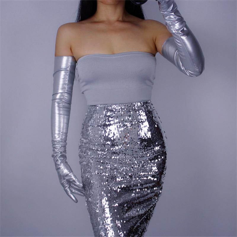 

Woman Gloves Bright Leather Patent Leather PU Gloves Female Dance Party Simulation Silvery PU Cosplay P1370-13