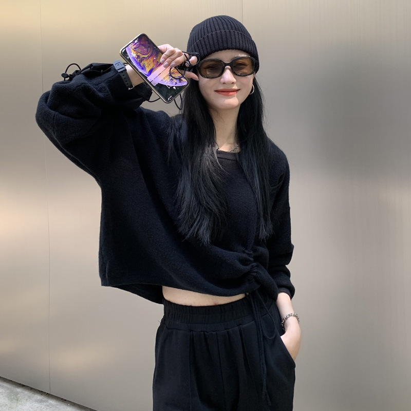 

New Korean-style 2021 Loose-style Short-knit Female Around Neck Street Wear Sweater Ppio 3047, Black