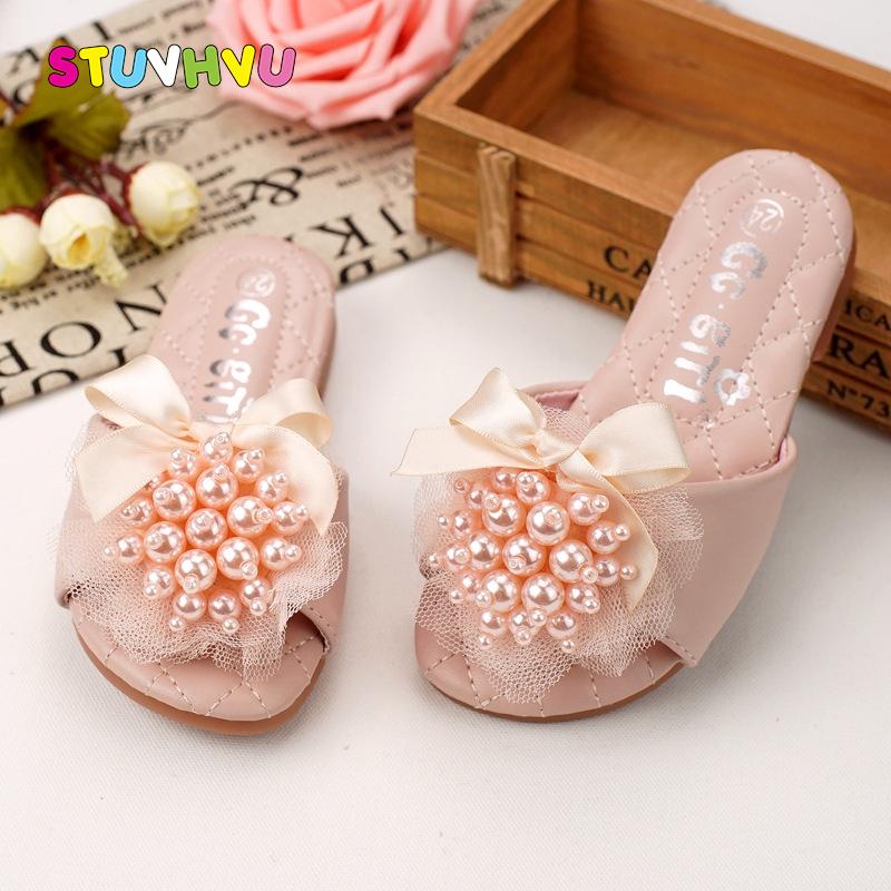 

Toddler girl summer shoes Children's sandals fashion girls beaded lace bow slippers non-slip soft comfort house shoes pink beige