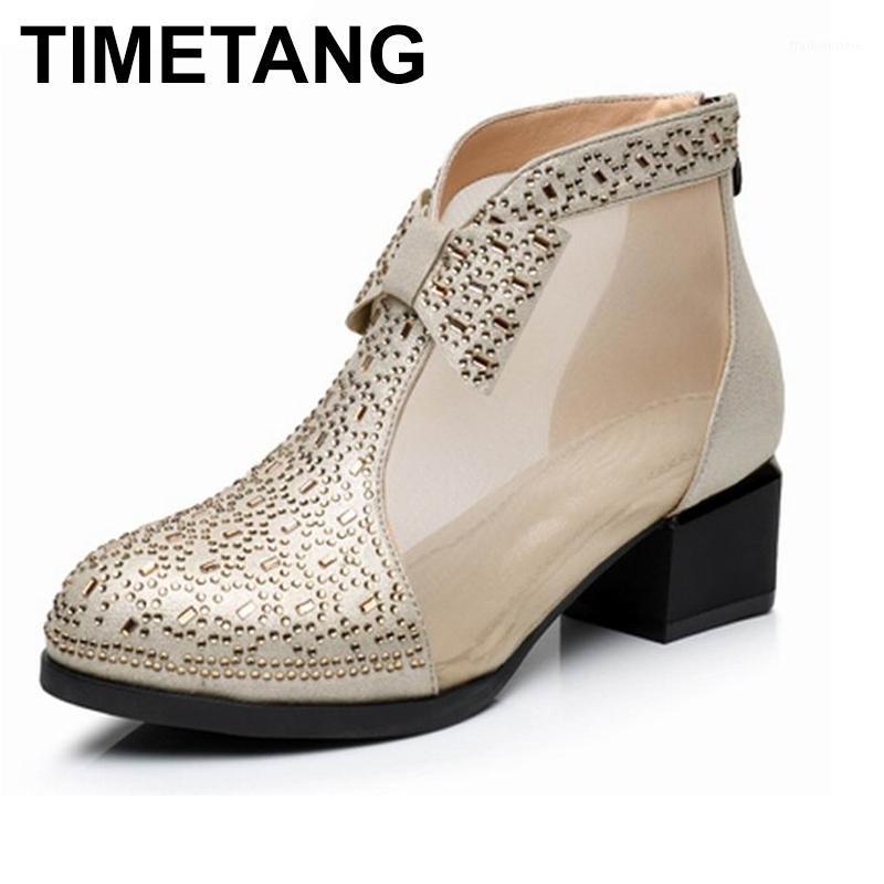 

TIMETANG Women Boots Genuine Leather Ankle Boots Lace Summer Zapatos Chaussures Femme Square High Heel Women Shoes Big1, Black